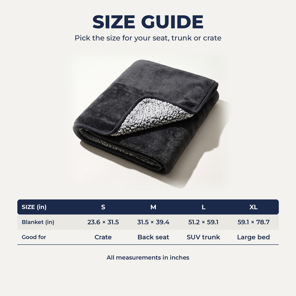 Blanket size guide S to XL in inches