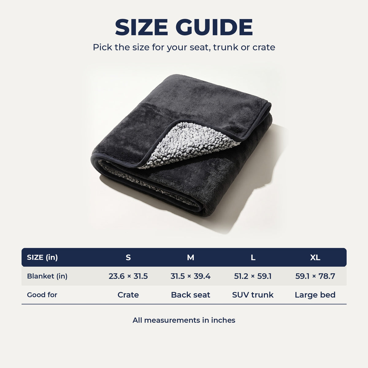Blanket size guide S to XL in inches