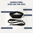 Hands-free leash features: zip pocket, waist 28-48 in, reflective stripe, bungee, leash 39-53.5 in