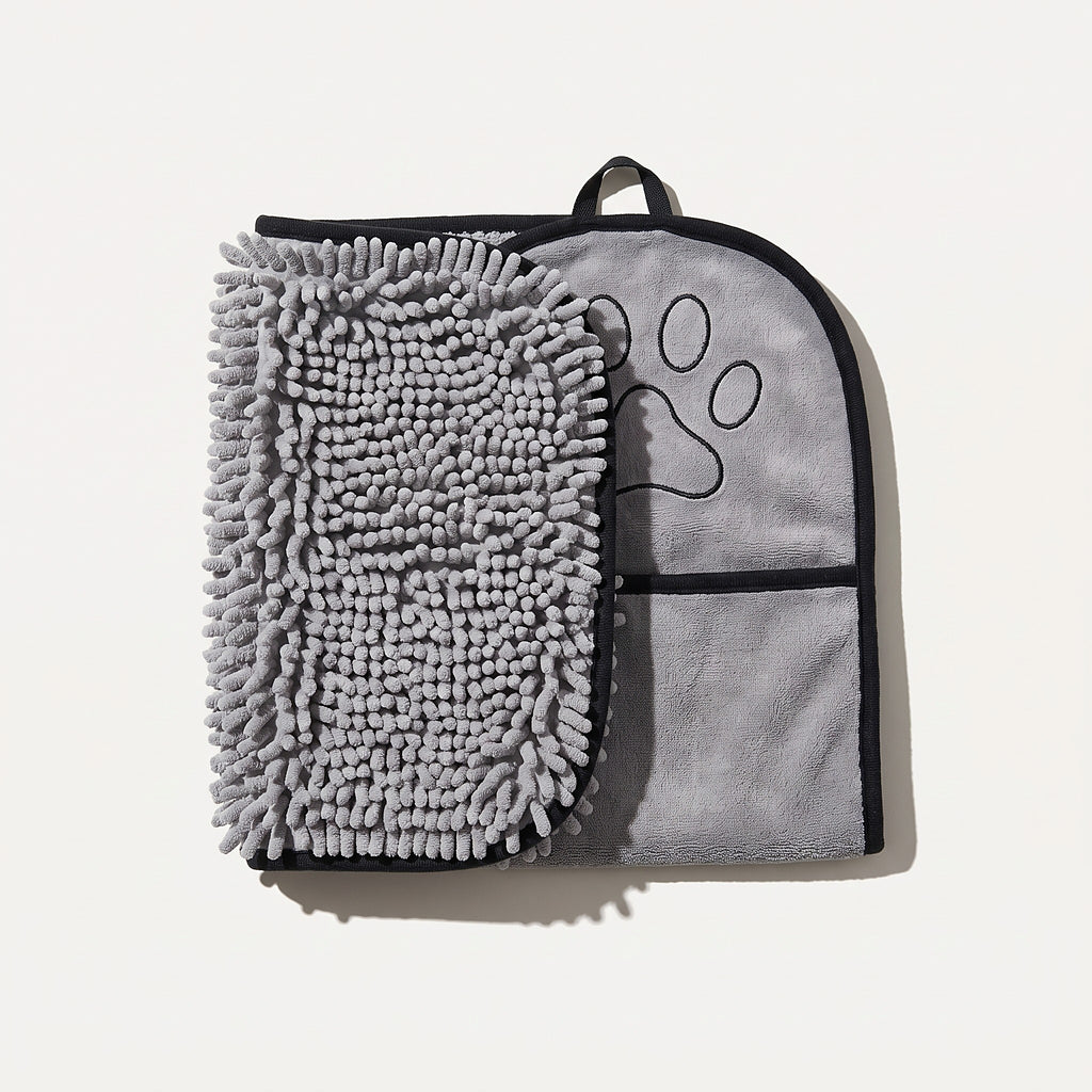 Grey chenille paw towel with hand pockets