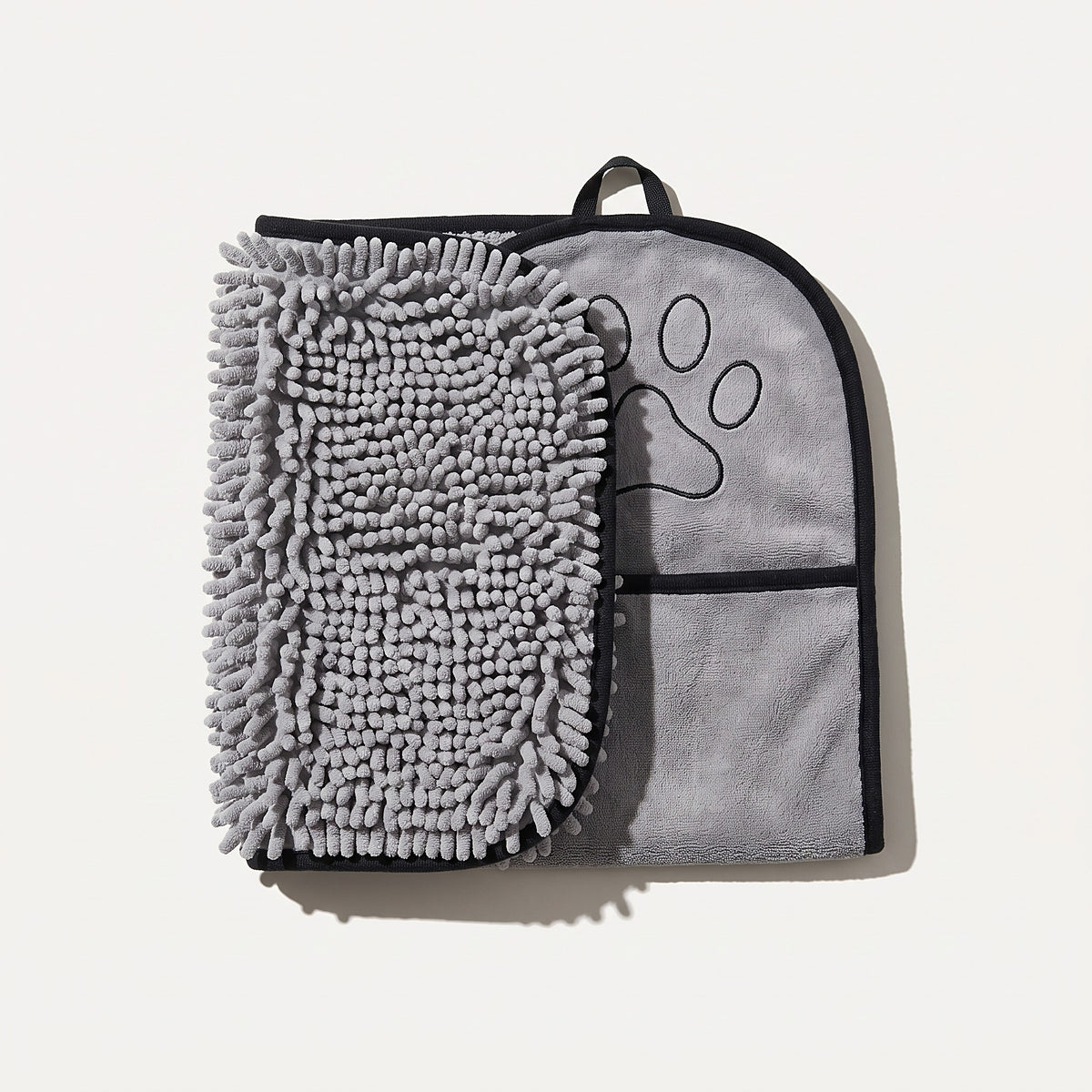 Grey chenille paw towel with hand pockets