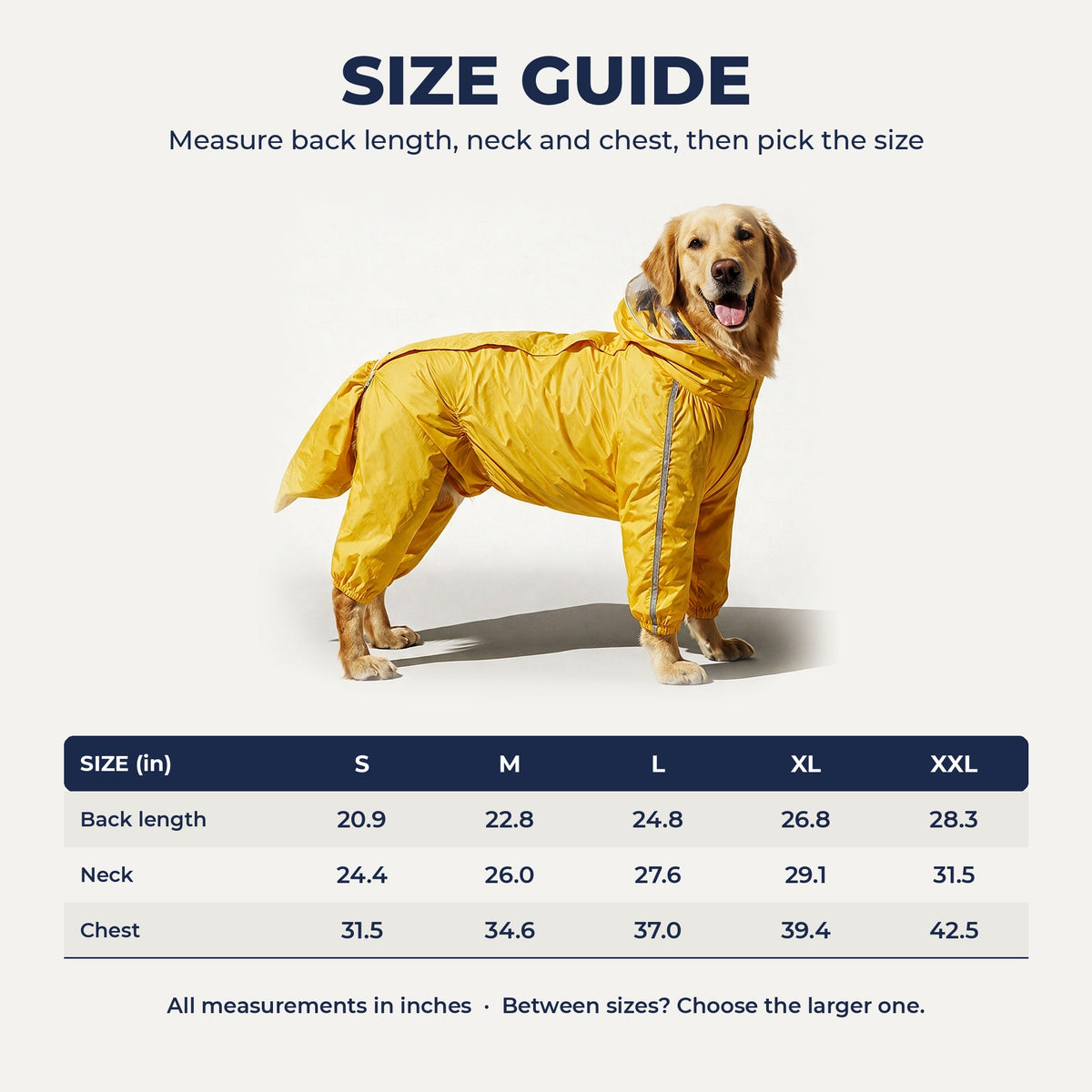 Rain suit size guide S to XXL in inches