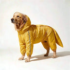 Yellow rain suit with the hood up