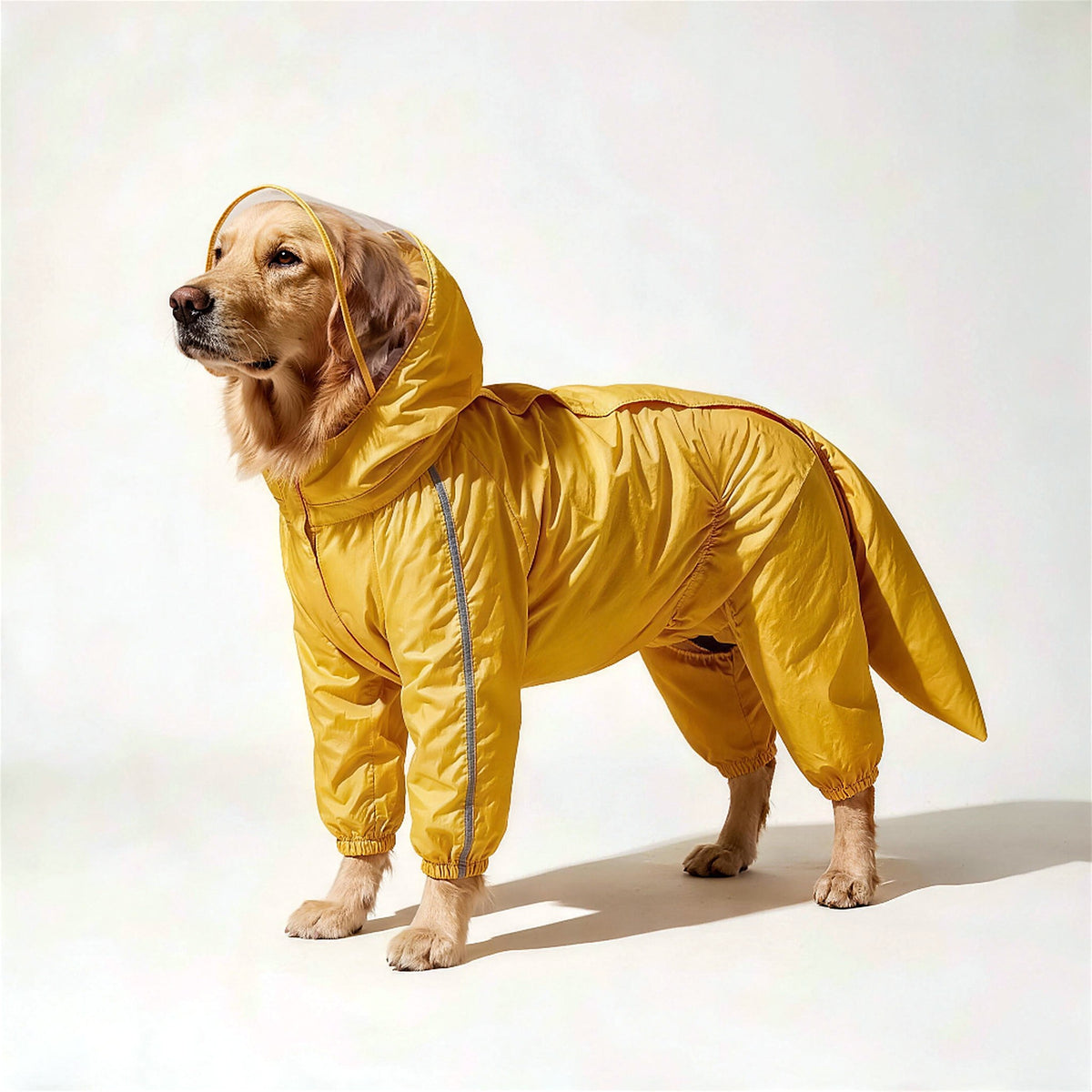 Yellow rain suit with the hood up