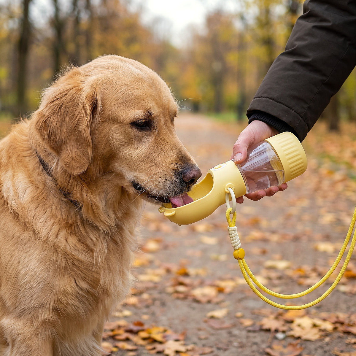 Golden Retriever drinking from the flip-out bowl