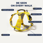 Harness features: grab handle, leash D-ring, reflective stripes, quick-release buckles, mesh lining