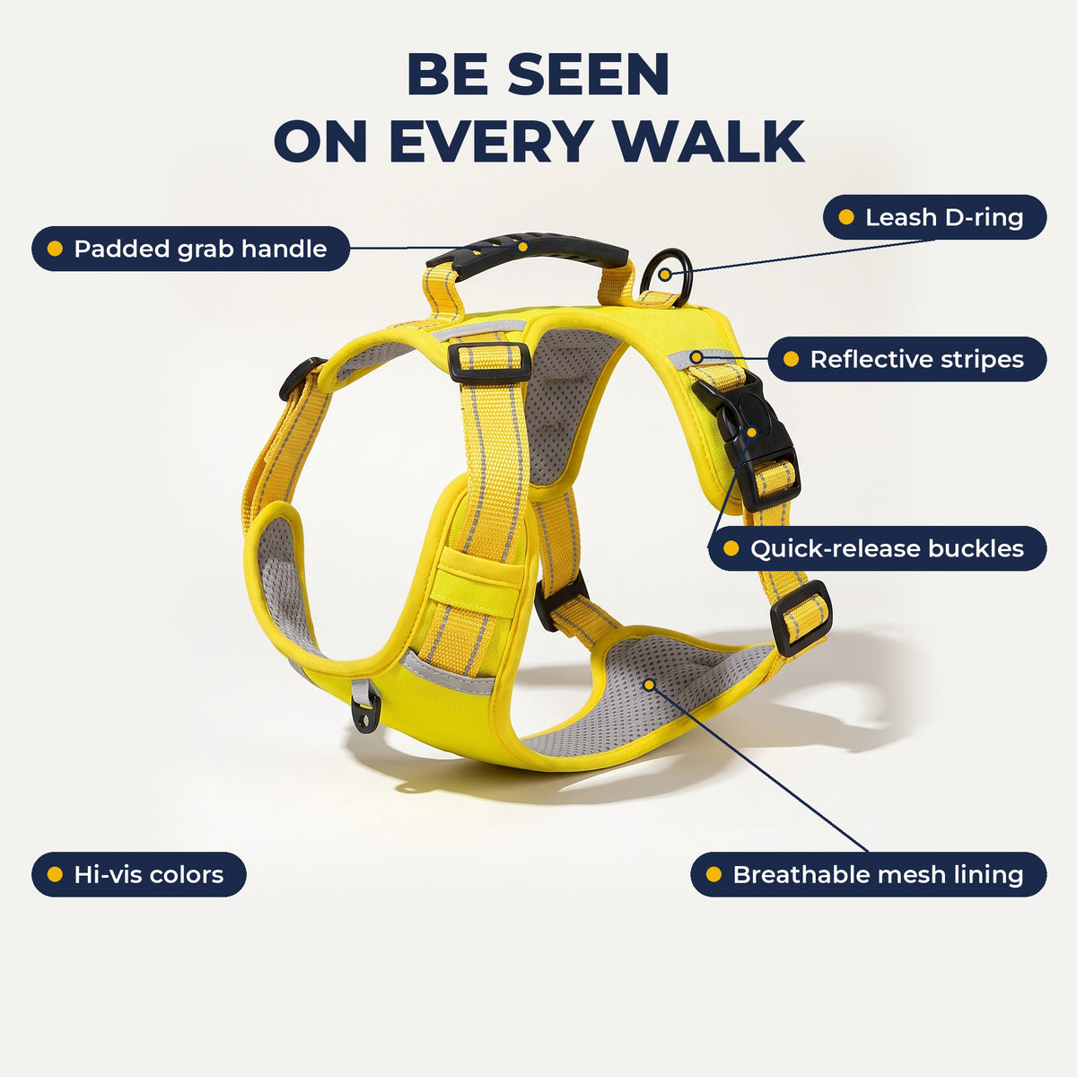 Harness features: grab handle, leash D-ring, reflective stripes, quick-release buckles, mesh lining
