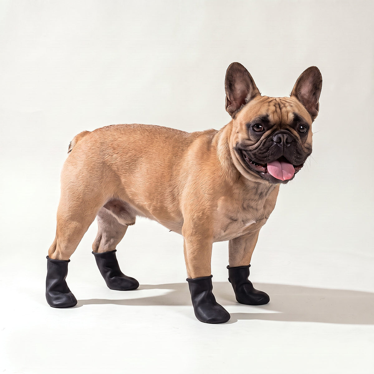French Bulldog wearing black rubber paw covers