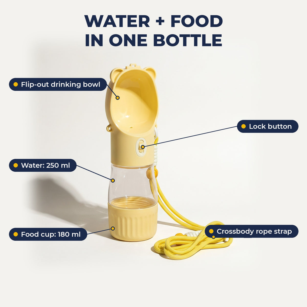 Bottle features: flip-out bowl, lock button, 250 ml water, 180 ml food cup
