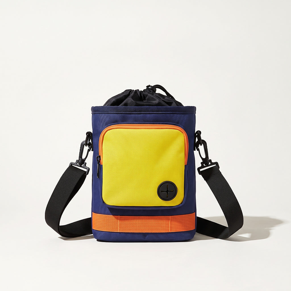 Navy crossbody dog treat bag with yellow pocket