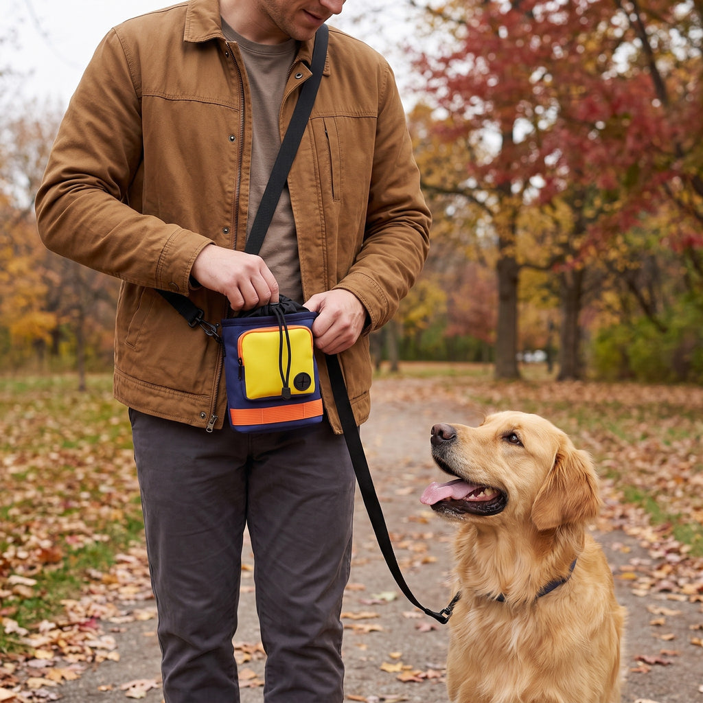 Dog walker taking a treat from the crossbody bag