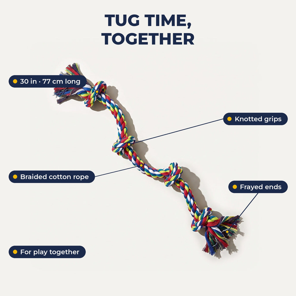 Rope toy features: 30 in long, knotted grips, braided cotton rope
