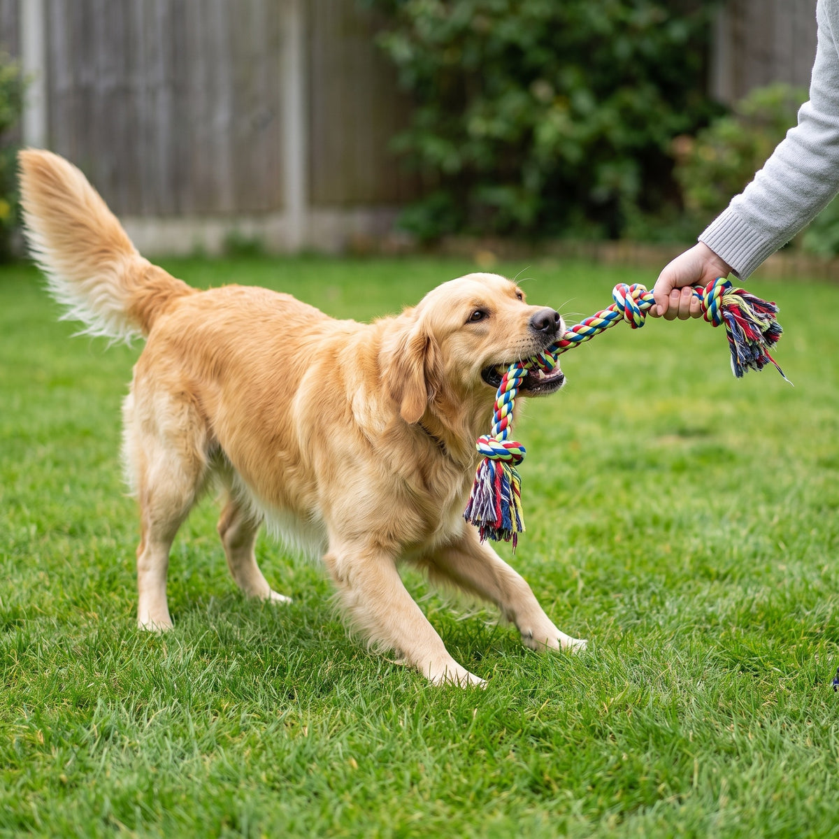 Golden Retriever playing tug-of-war with the rope toy