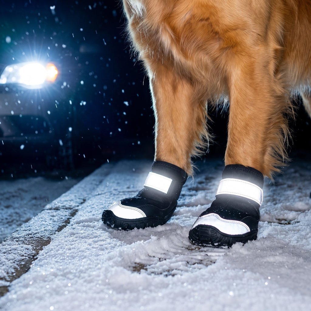 Reflective boot straps glowing in car headlights on a snowy night