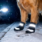 Reflective boot straps glowing in car headlights on a snowy night