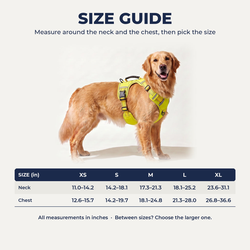 Harness size guide XS to XL, neck and chest in inches