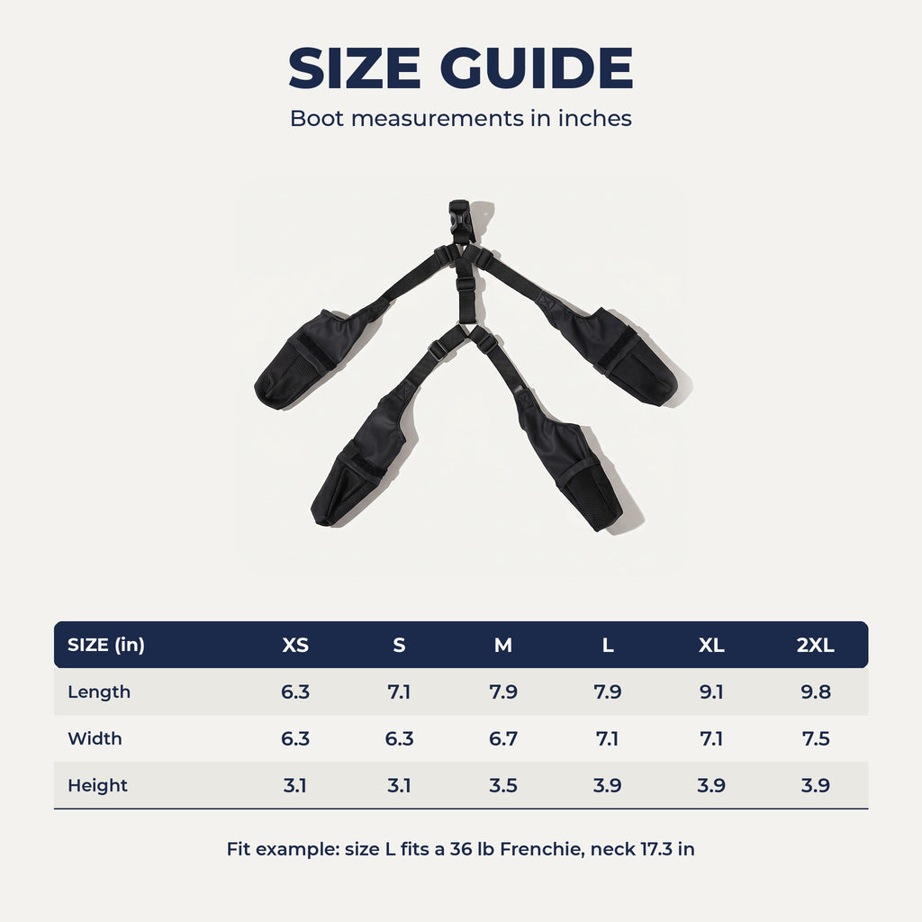 Boot size chart XS to 2XL in inches