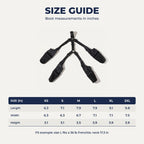 Boot size chart XS to 2XL in inches
