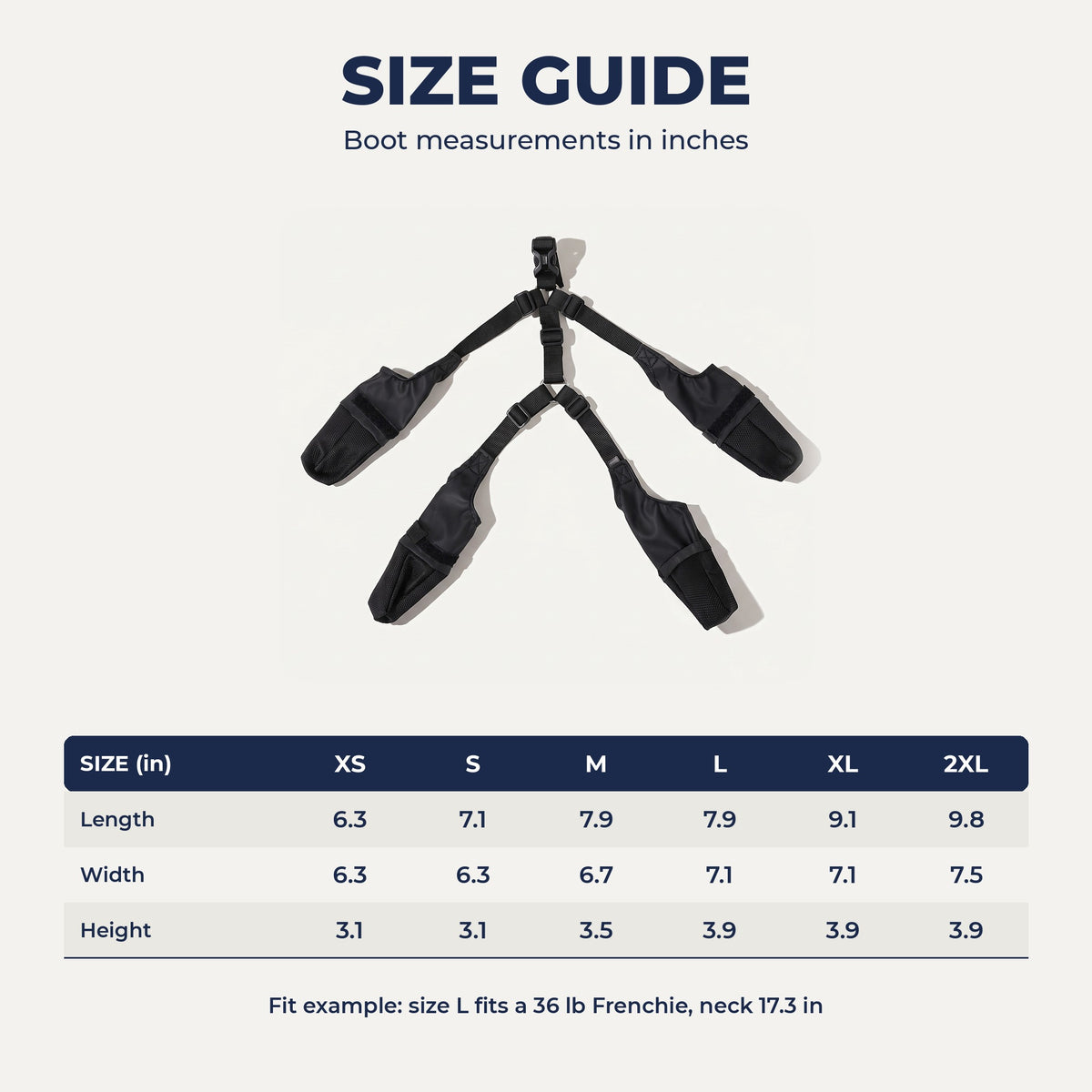 Boot size chart XS to 2XL in inches
