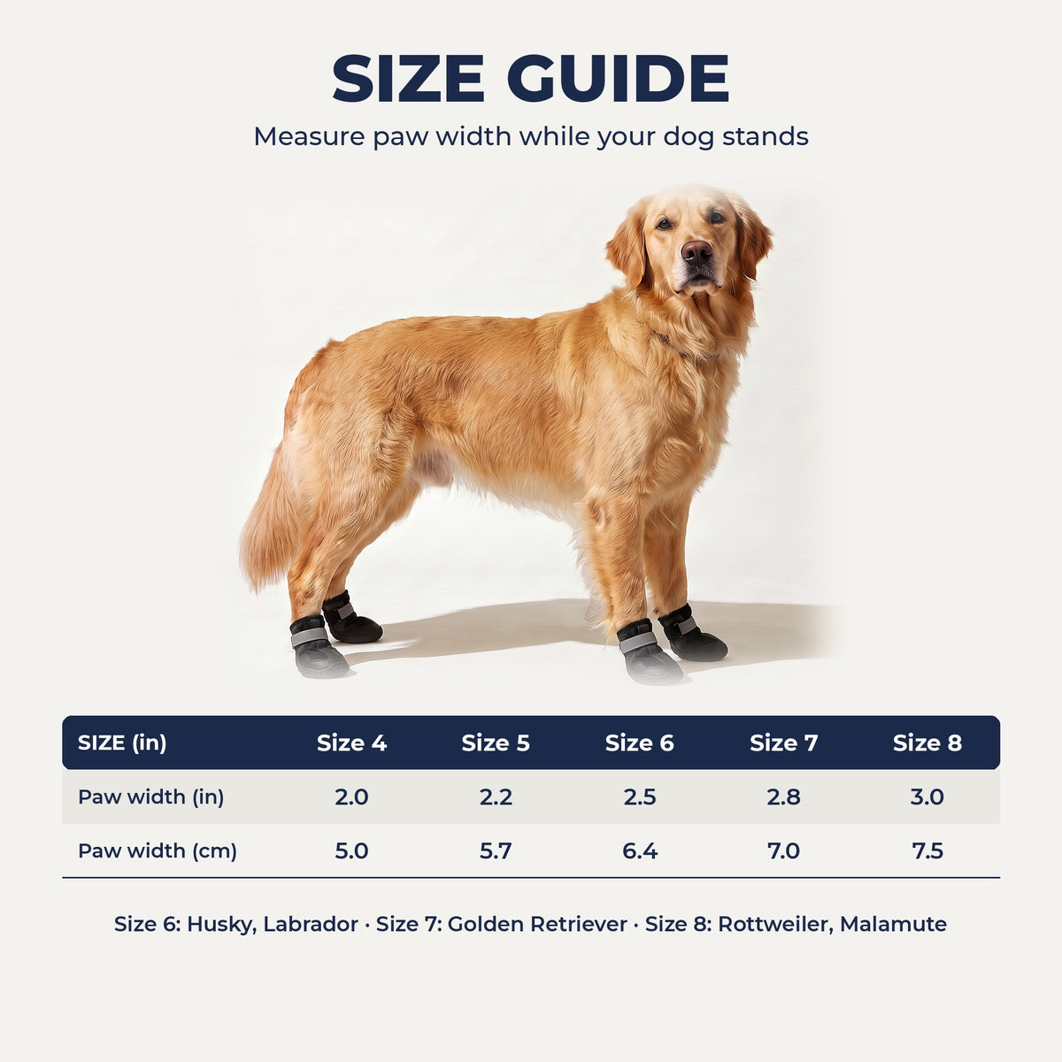 Boot size guide 4 to 8 by paw width