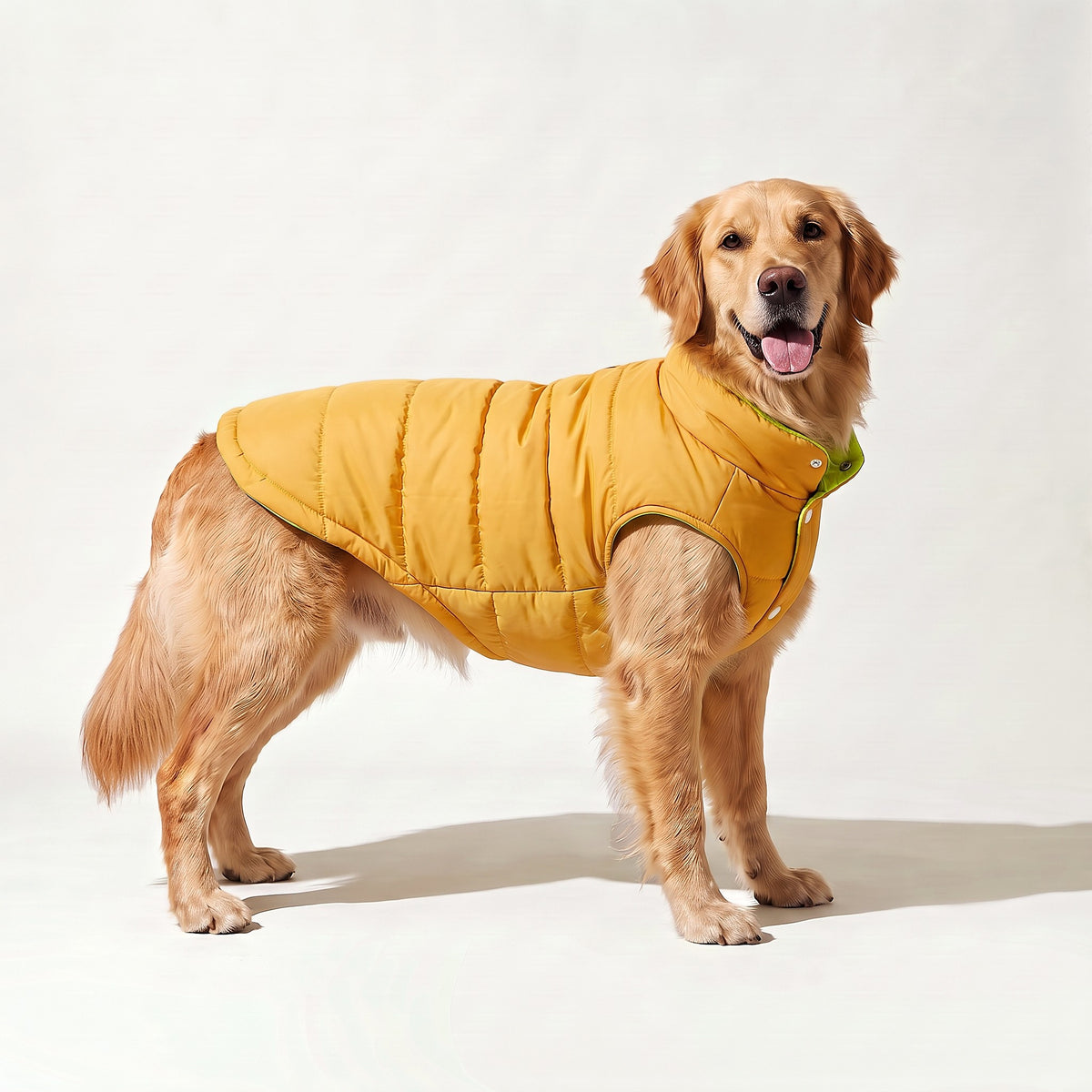 Jacket flipped to the bright yellow reversible side