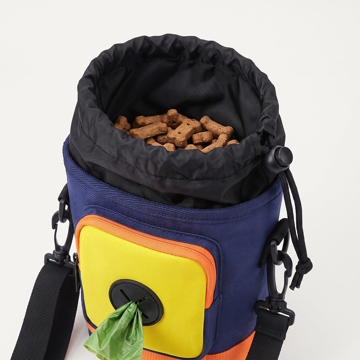 Open drawstring treat pouch and poop bag dispenser