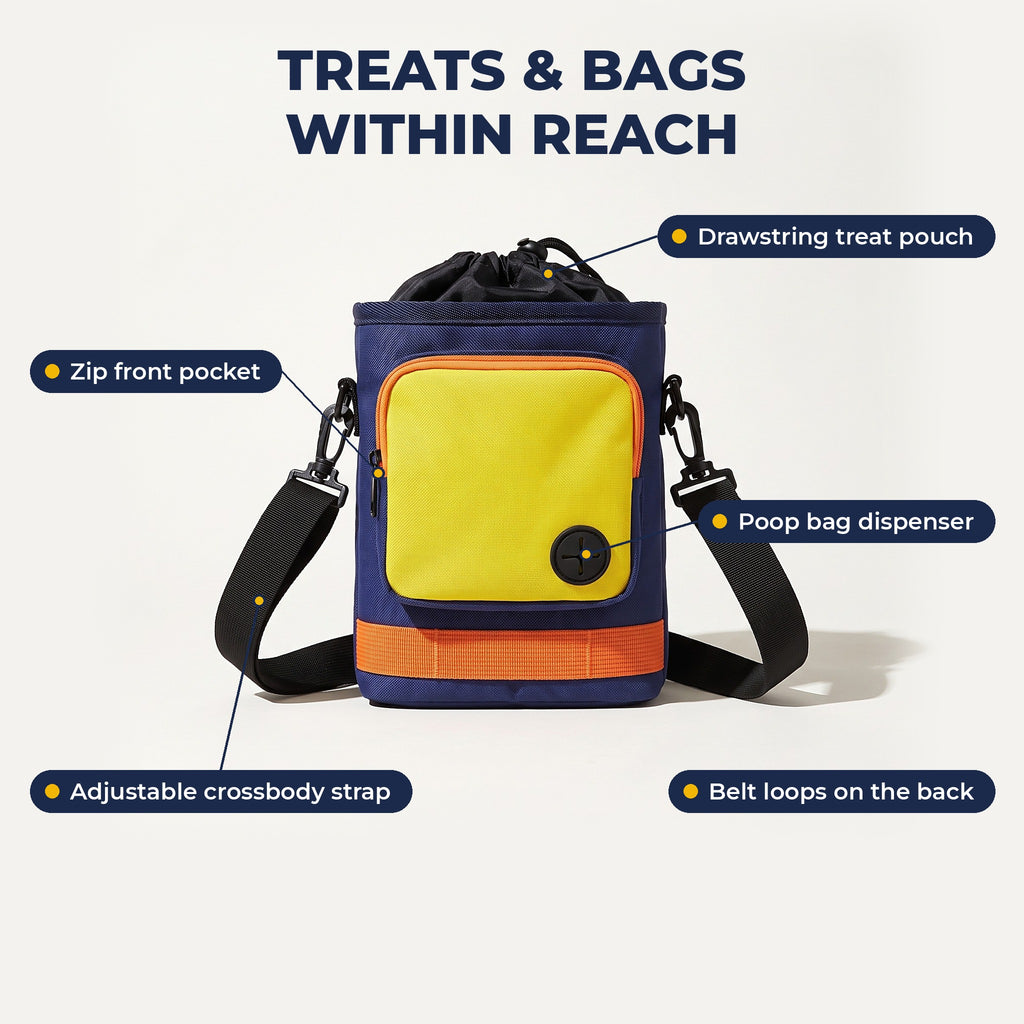 Treat bag features: drawstring pouch, zip pocket, poop bag dispenser, crossbody strap