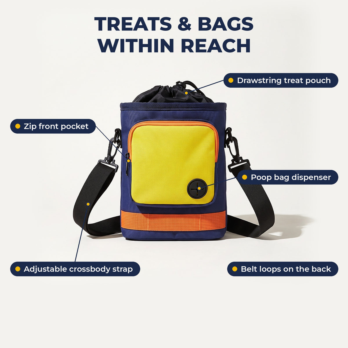 Treat bag features: drawstring pouch, zip pocket, poop bag dispenser, crossbody strap