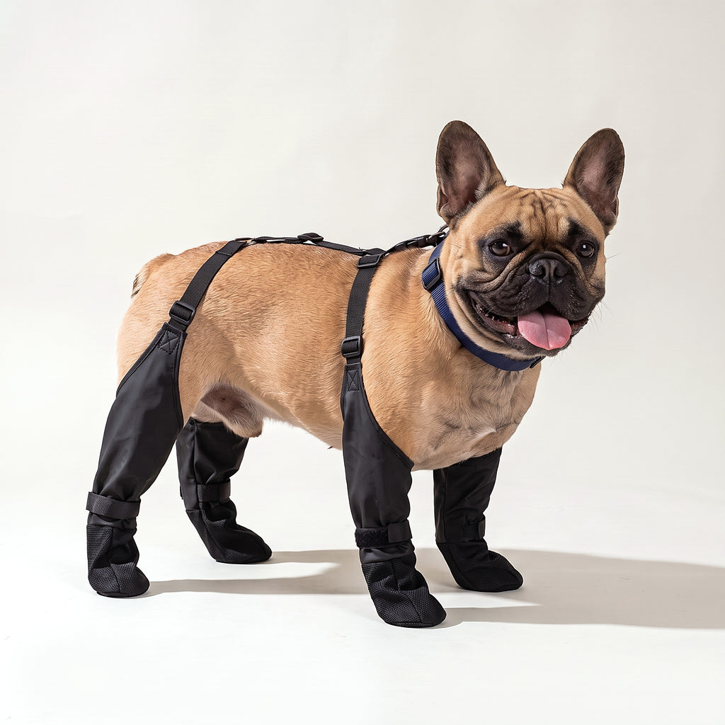 French Bulldog wearing black suspender dog boots