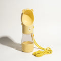 Yellow 2-in-1 dog water bottle with food cup and rope strap