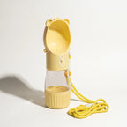 Yellow 2-in-1 dog water bottle with food cup and rope strap
