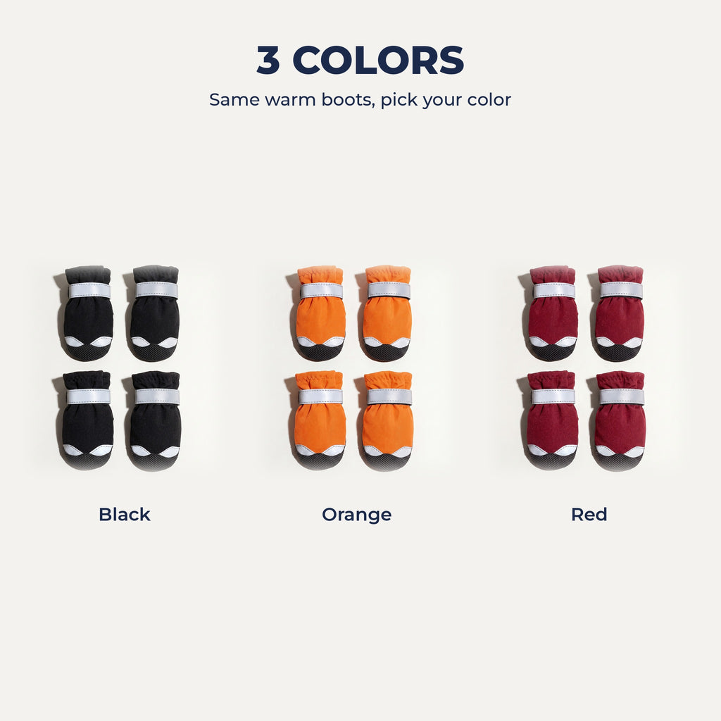 Winter boots in black, orange and red