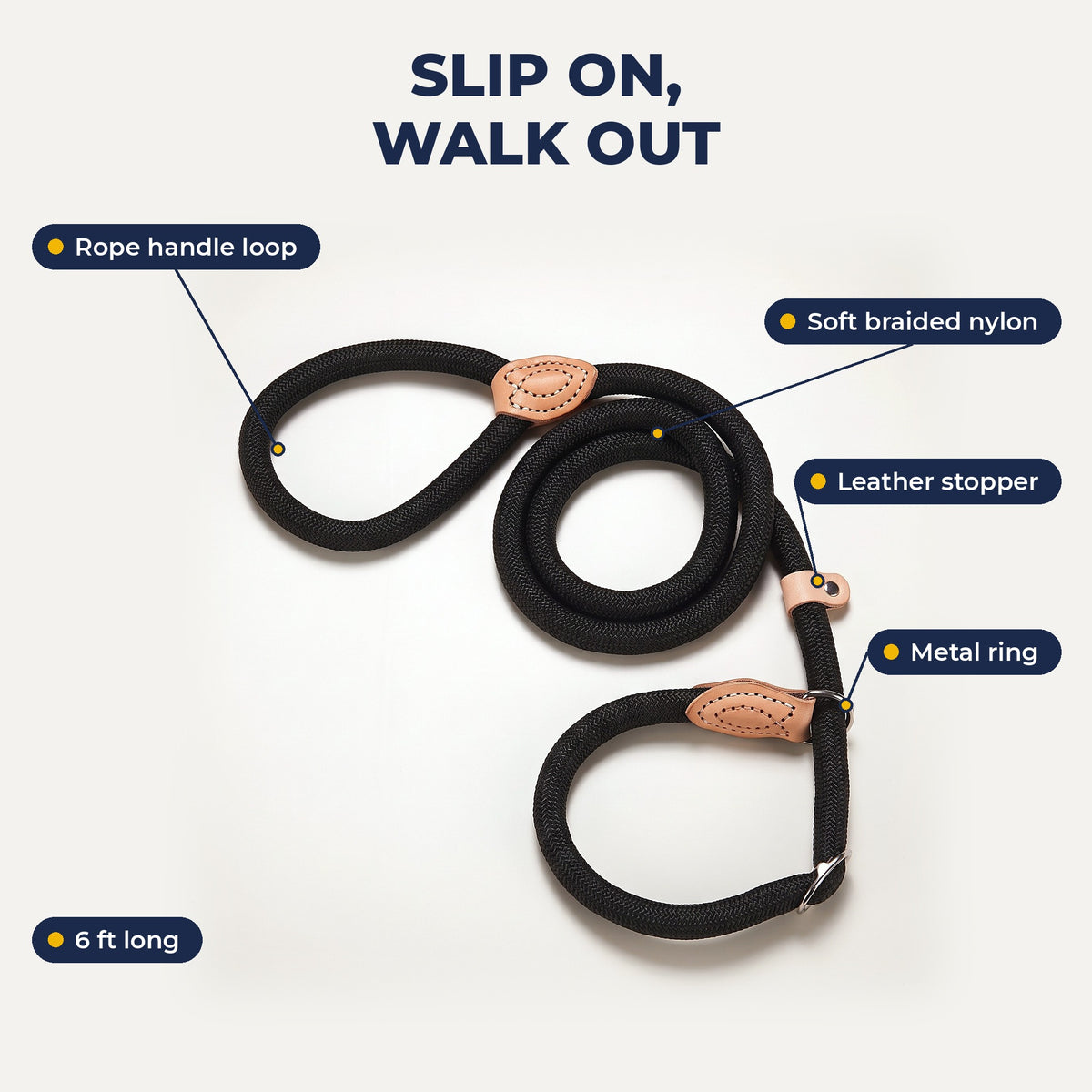 Slip lead features infographic, 6 ft long
