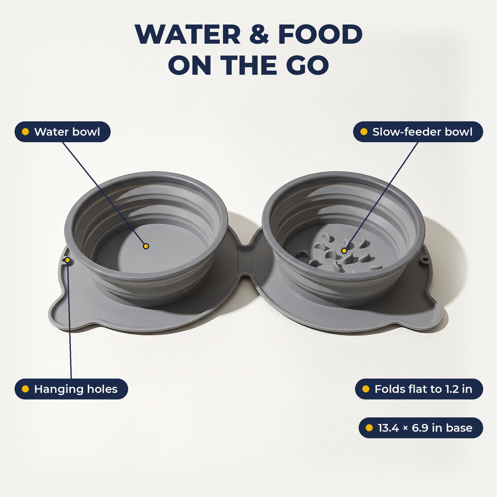 Bowl features: water bowl, slow-feeder bowl, hanging holes, folds flat