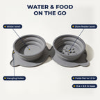 Bowl features: water bowl, slow-feeder bowl, hanging holes, folds flat