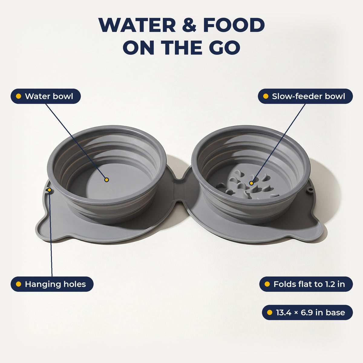 Bowl features: water bowl, slow-feeder bowl, hanging holes, folds flat