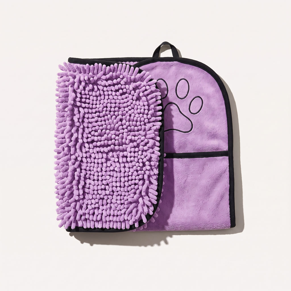 Purple chenille paw towel with hand pockets