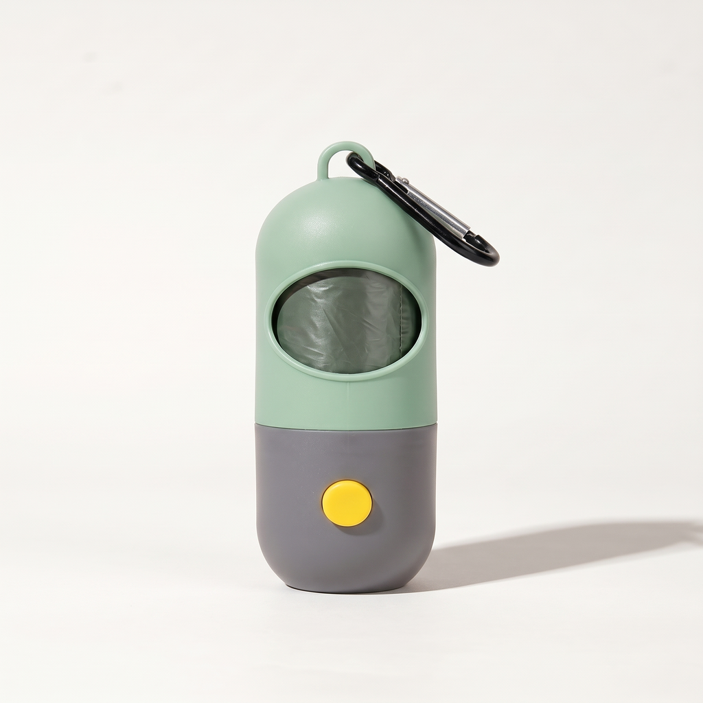 Green LED poop bag holder with carabiner