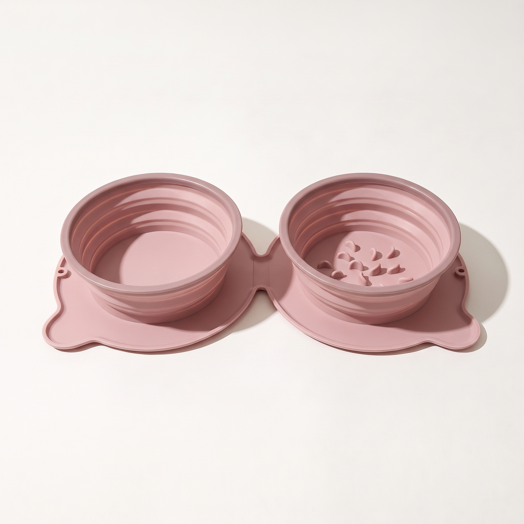 Pink collapsible double travel bowl