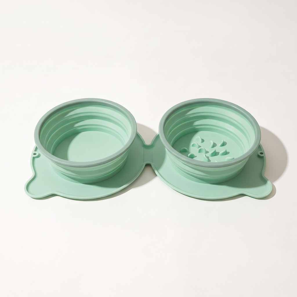 Green collapsible double travel bowl