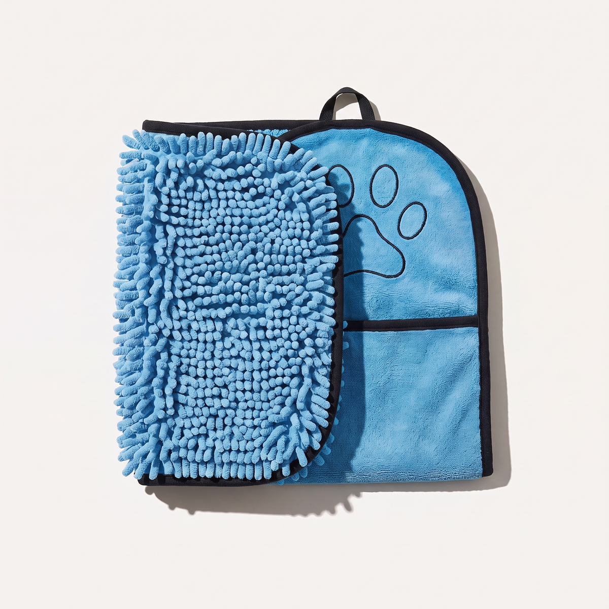 Blue chenille paw towel with hand pockets