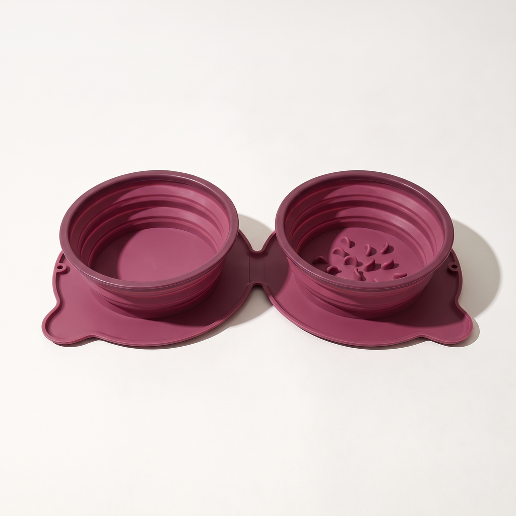 Magenta collapsible double travel bowl