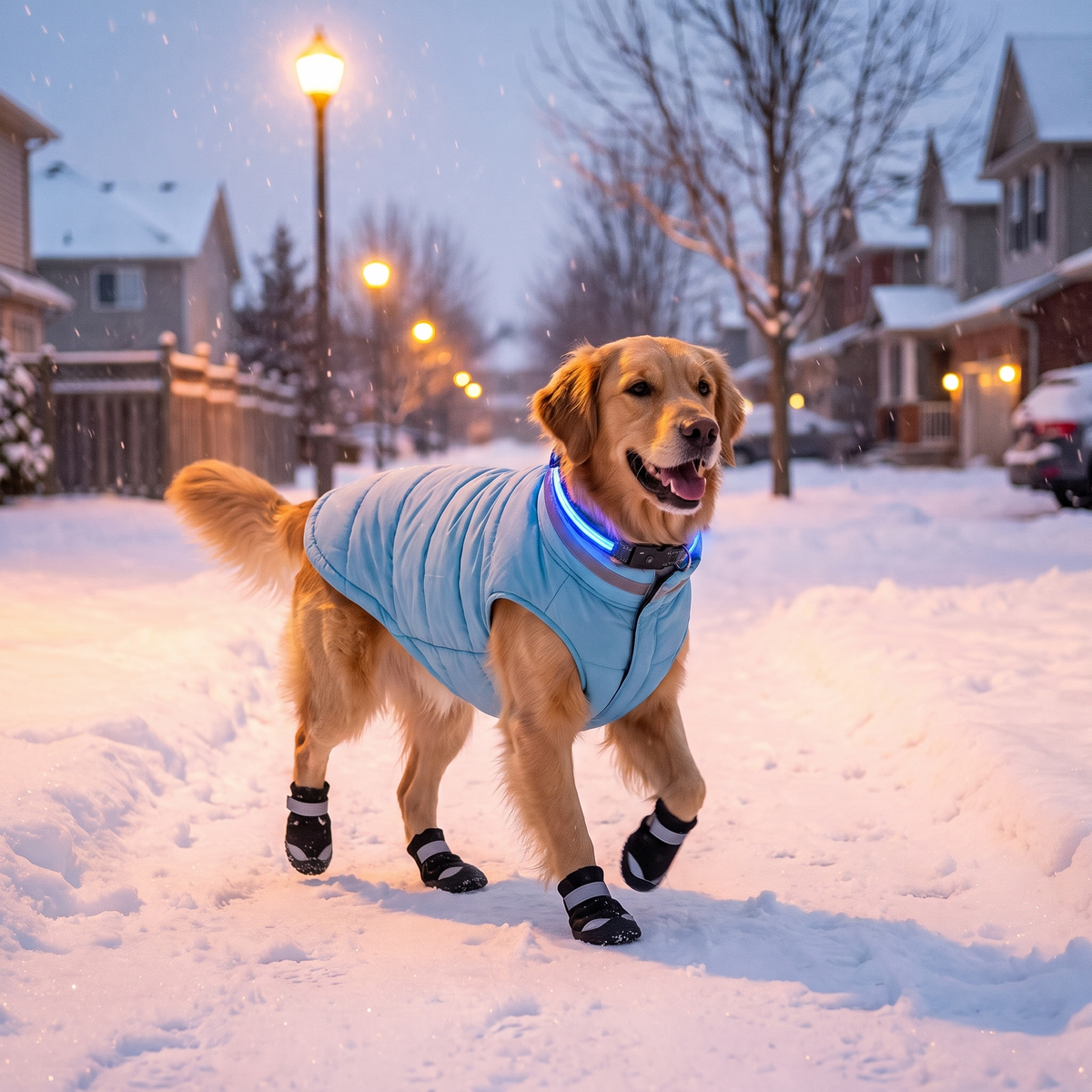 Golden Retriever on a snowy evening walk in the winter jacket, boots and glowing LED collar
