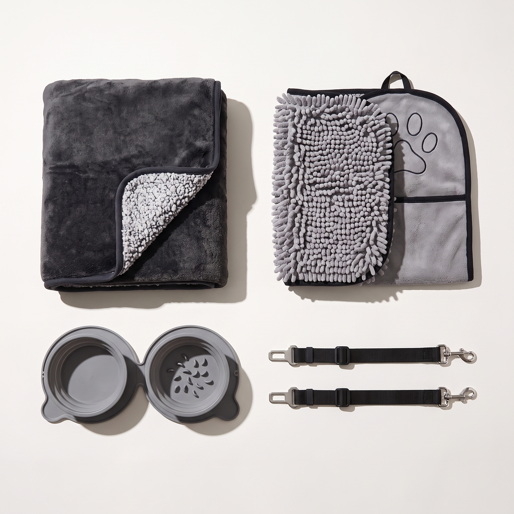 Clean Car Kit laid out: waterproof blanket, paw towel, two seat belt tethers and travel bowl