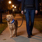 Evening walk with the hands-free leash, glowing LED collar and LED bag holder
