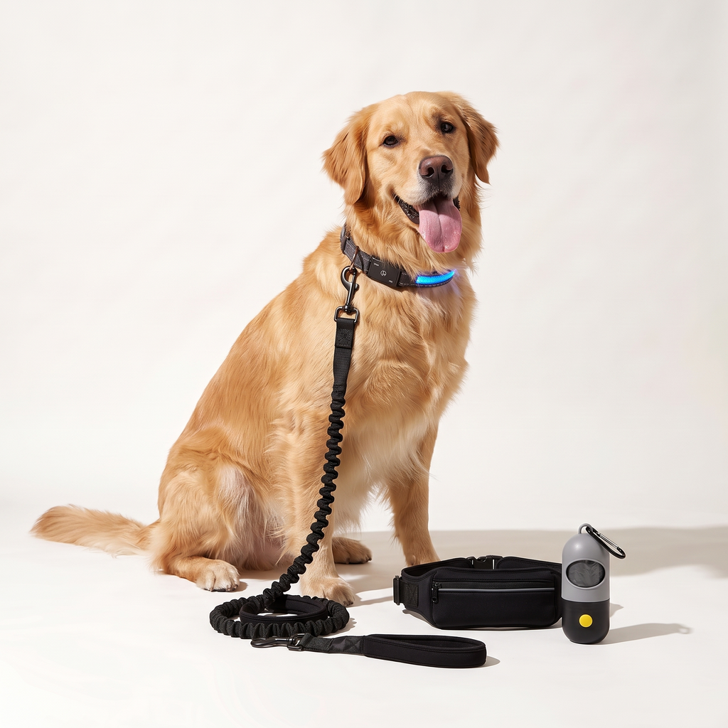 Golden Retriever with the Night Walk Starter: LED collar, hands-free bungee leash and LED bag holder