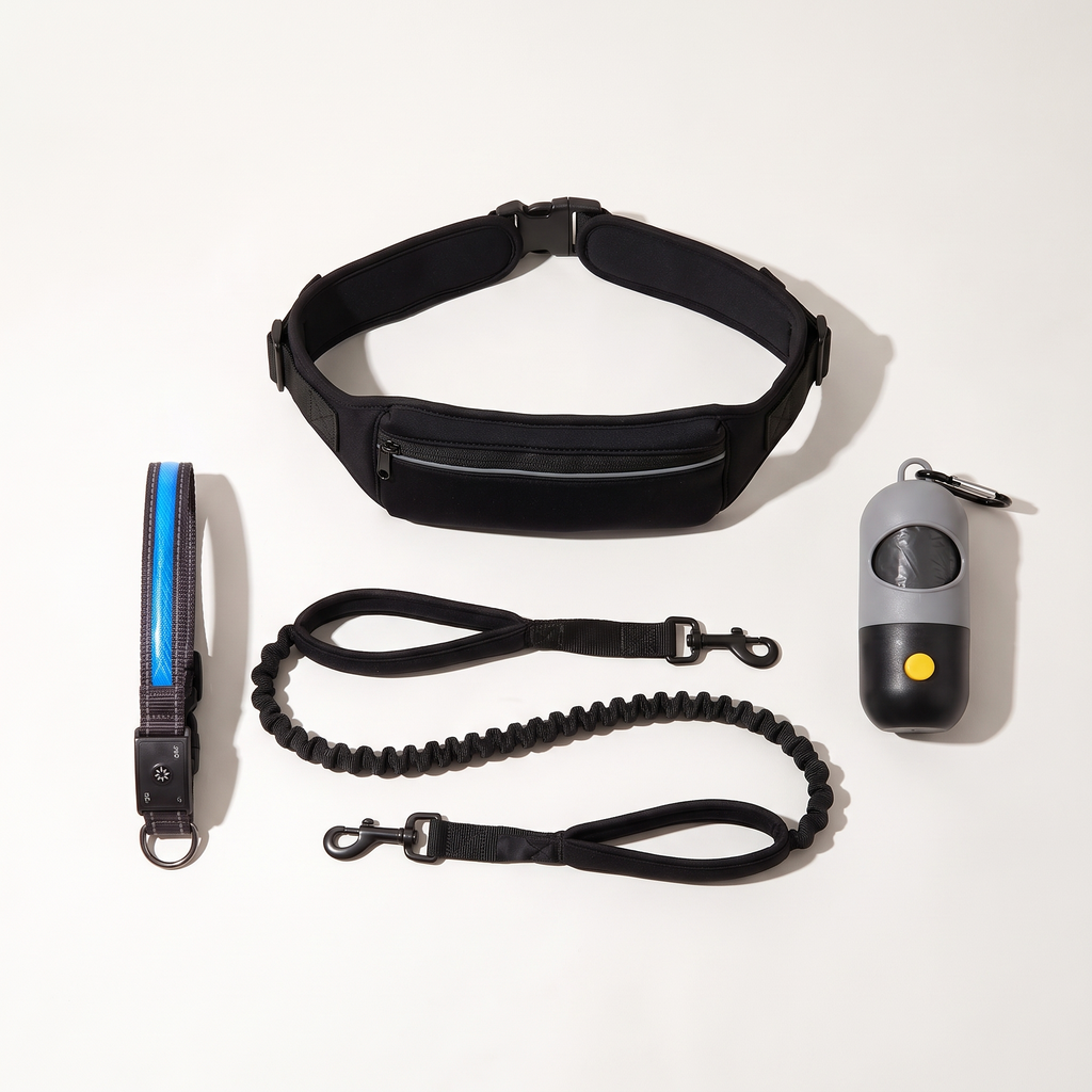 Night Walk Starter laid out: hands-free waist belt with bungee leash, LED collar and LED bag holder