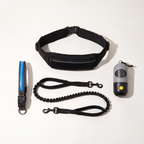 Night Walk Starter laid out: hands-free waist belt with bungee leash, LED collar and LED bag holder