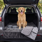 Golden Retriever in an SUV trunk on the waterproof blanket with the travel bowl and paw towel