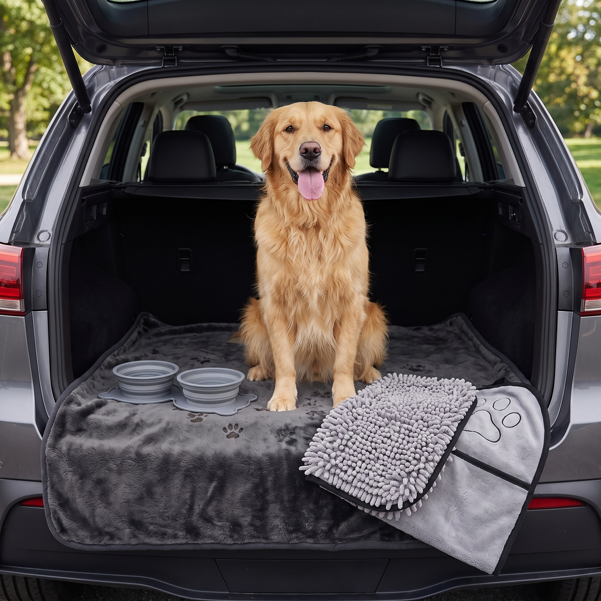 Golden Retriever in an SUV trunk on the waterproof blanket with the travel bowl and paw towel